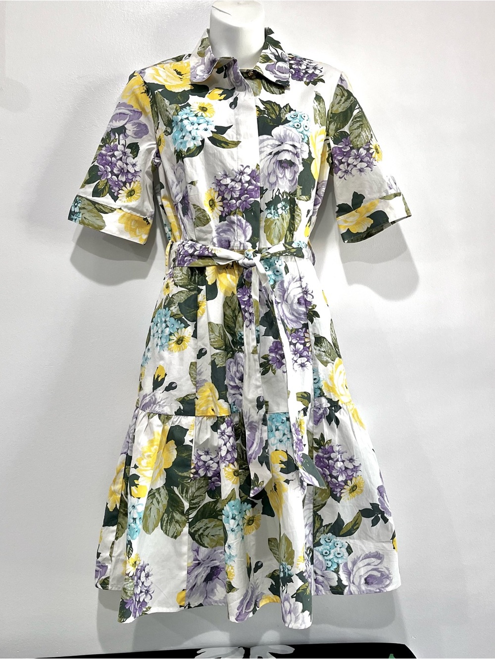 Calvin Klein White Midi Shirt Dress w/Yellow, Purple & Teal Floral Print, Sz.2